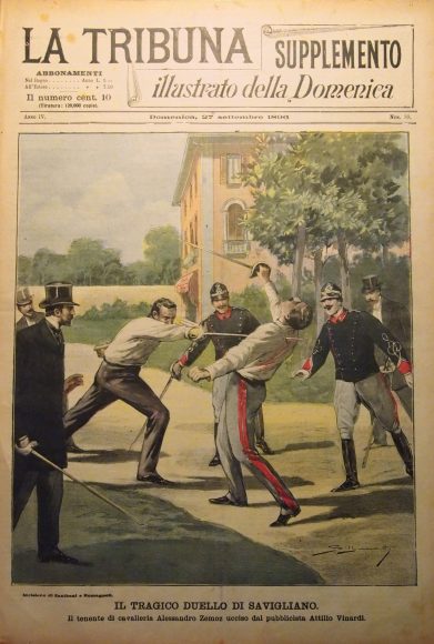 Immagine <p style="margin: 0cm 0cm 14.1pt;">«La Tribuna. Supplemento illustrato della Domenica», 27 settembre 1896<o:p></o:p></p><p></p><p style="margin: 0cm 0cm 14.1pt;">A Savigliano (Cuneo), il tenente Alessandro Zemoz resta ucciso in duello dal giornalista Attilio Vinardi.</p>