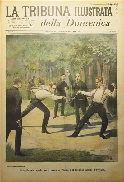 Immagine <p>«La Tribuna illustrata della Domenica», 22 agosto 1897.</p><p>Il conte di Torino, Vittorio Emanuele Savoia-Aosta, sfida il principe&nbsp;Henri d'Orléans&nbsp;d'Orleans per l'onore dei militari italiani.</p>