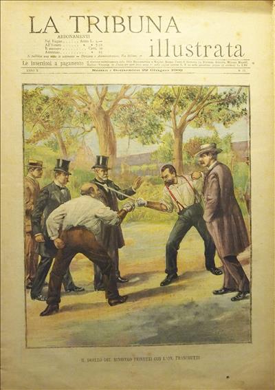 Immagine <p>«La Tribuna illustrata», 22 aprile 1902</p><p>Un ministro e un onorevole a duello: Franchetti contro Prinetti.</p>