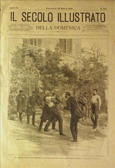 Immagine <p>«Il secolo illustrato», 20 marzo 1898</p><p>Una delle numerose copertine dedicate al tragico duello che vede la morte di Felice Cavallotti contro Ferruccio Macola.</p>